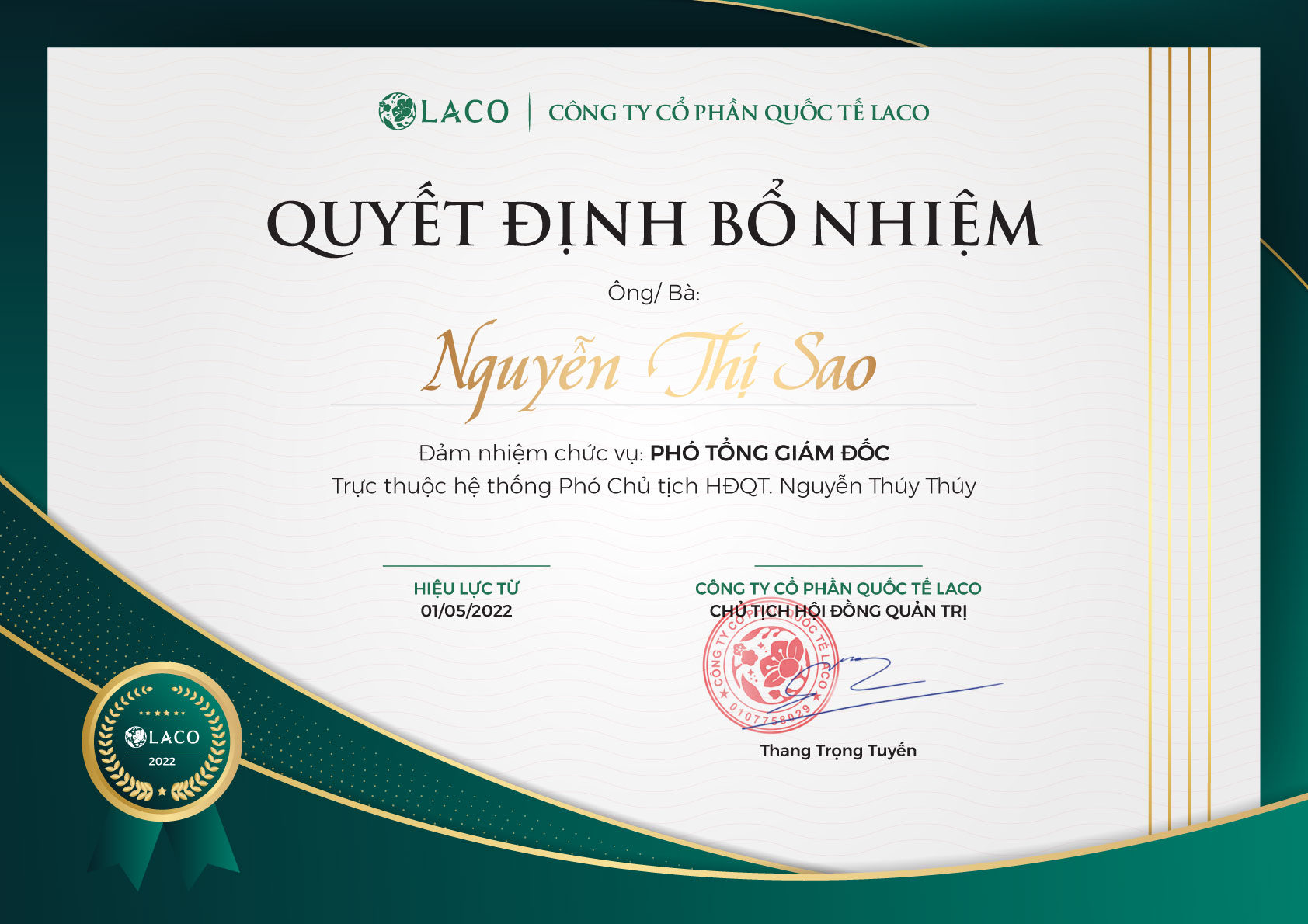 Chúc mừng Tân Phó Tổng Giám Đốc Công ty Cổ phần Quốc tế Laco – Sao Nguyễn