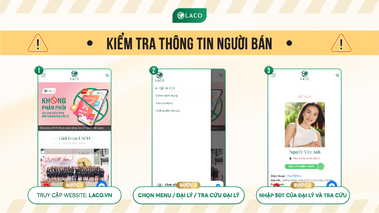 Kiểm tra thông tin người bán bằng cách truy cập vào website: Laco.vn và làm theo hướng dẫn